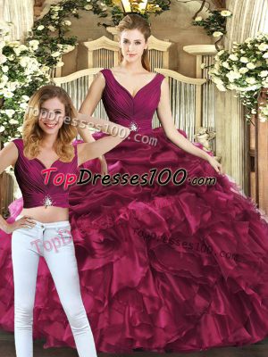 Sleeveless Organza Floor Length Backless Quinceanera Dress in Burgundy with Pick Ups