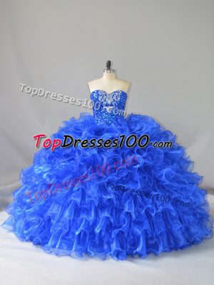 Exceptional Royal Blue Organza Lace Up 15th Birthday Dress Sleeveless Floor Length Ruffles and Sequins