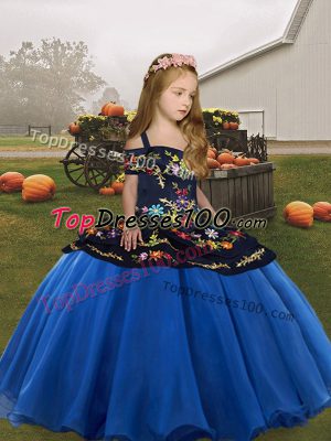 Blue Lace Up Straps Embroidery Little Girl Pageant Dress Organza Sleeveless