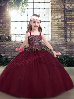 On Sale Sleeveless Floor Length Beading Lace Up Pageant Dresses with Burgundy