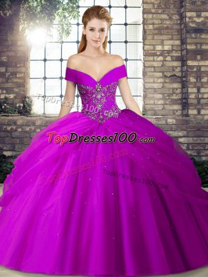 Off The Shoulder Sleeveless Tulle 15 Quinceanera Dress Beading and Pick Ups Brush Train Lace Up