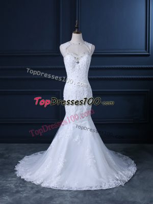 Custom Fit Scoop Sleeveless Tulle Wedding Gown Beading and Lace Brush Train Backless