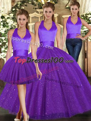 Best Selling Purple Halter Top Neckline Ruching Ball Gown Prom Dress Sleeveless Lace Up