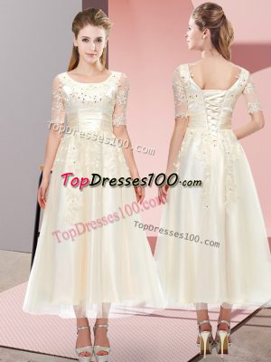 Top Selling Short Sleeves Lace Up Tea Length Beading and Lace Wedding Guest Dresses