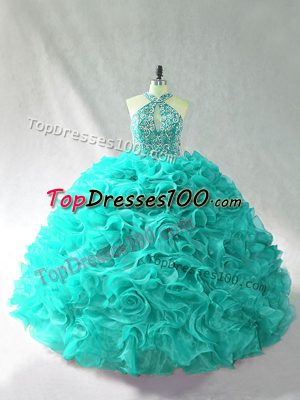 Great Aqua Blue Lace Up Halter Top Beading and Ruffles Sweet 16 Dresses Organza Sleeveless Brush Train