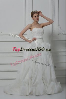 Modern Sweetheart Sleeveless Fabric With Rolling Flowers Wedding Gowns Belt Brush Train Lace Up