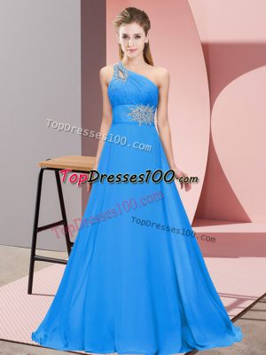 Luxury Blue Sleeveless Floor Length Beading Lace Up Custom Made