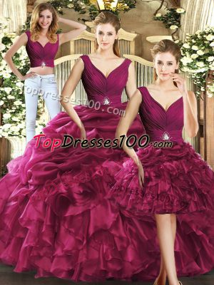 Elegant Sleeveless Organza Floor Length Backless Quince Ball Gowns in Burgundy with Ruffles and Pick Ups