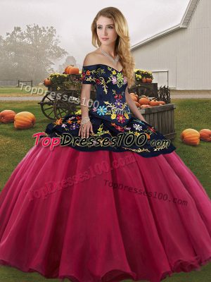 Sexy Red And Black Tulle Lace Up Off The Shoulder Sleeveless Floor Length Quinceanera Gown Embroidery