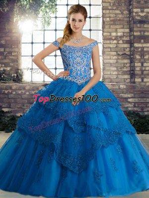 Best Selling Sleeveless Beading and Lace Lace Up Sweet 16 Quinceanera Dress with Blue Brush Train