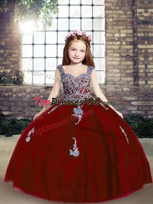 Red Ball Gowns Straps Sleeveless Tulle Floor Length Lace Up Appliques Pageant Dress for Teens
