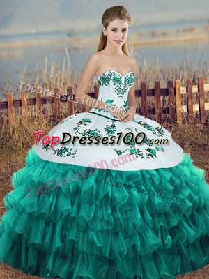 Best Selling Sweetheart Sleeveless Quince Ball Gowns Floor Length Embroidery and Ruffled Layers and Bowknot Turquoise Organza