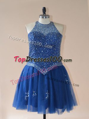 Simple Royal Blue Tulle Lace Up Halter Top Sleeveless Mini Length Prom Party Dress Beading