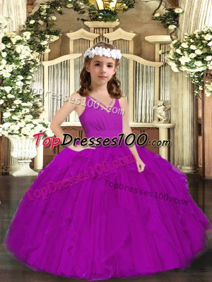 Low Price Purple Ball Gowns Tulle V-neck Sleeveless Ruffles Floor Length Zipper Pageant Dress Wholesale