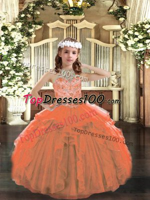 Stunning Sleeveless Floor Length Beading and Ruffles Lace Up Glitz Pageant Dress with Orange