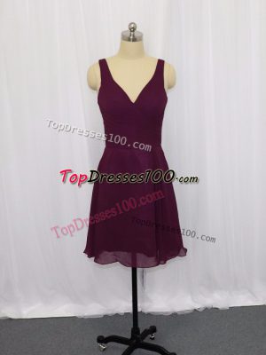 Best Dark Purple Chiffon Zipper V-neck Sleeveless Mini Length Evening Dress Ruching