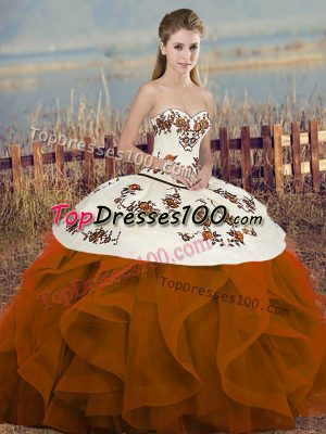 Clearance Sweetheart Sleeveless Tulle Vestidos de Quinceanera Embroidery and Ruffles and Bowknot Lace Up