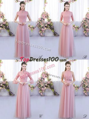 Pink Vestidos de Damas Wedding Party with Lace High-neck Cap Sleeves Zipper