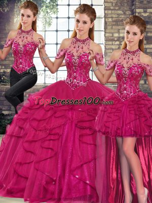Traditional Fuchsia Tulle Lace Up Halter Top Sleeveless Floor Length Quinceanera Gowns Beading and Ruffles