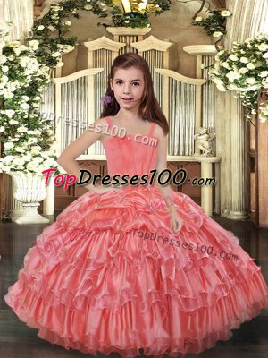 Watermelon Red Sleeveless Ruffled Layers Floor Length Little Girls Pageant Gowns