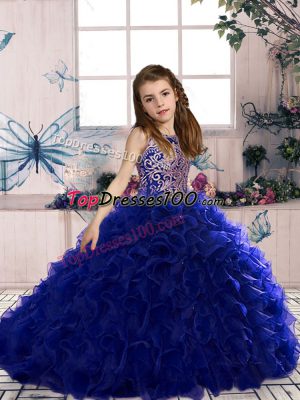 High Class Royal Blue Scoop Lace Up Beading and Ruffles Kids Pageant Dress Sleeveless