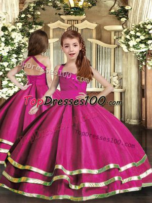 Adorable Fuchsia Sleeveless Floor Length Ruffled Layers and Ruching Lace Up Custom Made Pageant Dress