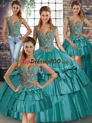 Best Selling Teal Straps Neckline Beading and Ruffled Layers Sweet 16 Quinceanera Dress Sleeveless Lace Up