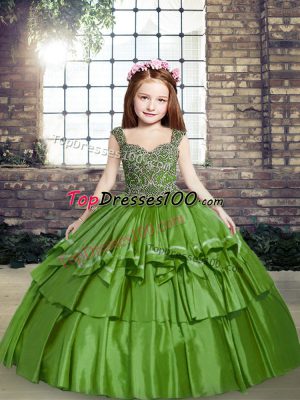 Superior Taffeta Straps Sleeveless Lace Up Beading Child Pageant Dress in Green