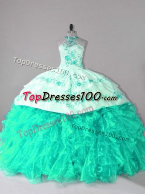 Turquoise Sleeveless Court Train Embroidery and Ruffles 15 Quinceanera Dress
