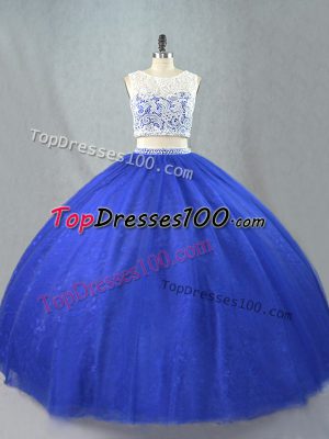 Scoop Sleeveless Quinceanera Gown Floor Length Lace Royal Blue Tulle