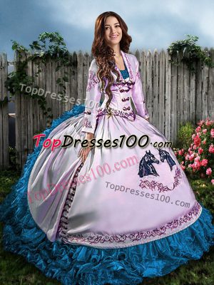 Gorgeous Blue And White Sleeveless Floor Length Embroidery Lace Up Quince Ball Gowns