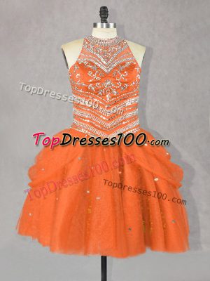 Dynamic Ball Gowns Pageant Dress for Girls Orange Red Halter Top Tulle Sleeveless Mini Length Lace Up