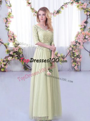 Fashion Floor Length Yellow Green Dama Dress for Quinceanera V-neck Half Sleeves Side Zipper