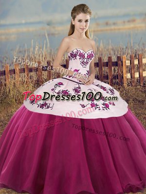 Fantastic Fuchsia Ball Gowns Tulle Sweetheart Sleeveless Embroidery and Bowknot Floor Length Lace Up Quinceanera Dress