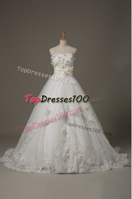 White Strapless Lace Up Lace and Appliques and Hand Made Flower Wedding Gowns Brush Train Sleeveless