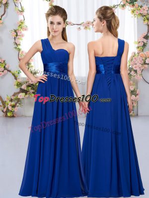 Spectacular Chiffon One Shoulder Sleeveless Lace Up Belt Bridesmaid Dress in Royal Blue