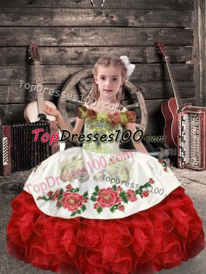 Custom Fit Off The Shoulder Sleeveless Kids Formal Wear Floor Length Beading and Embroidery and Ruffles White And Red Organza