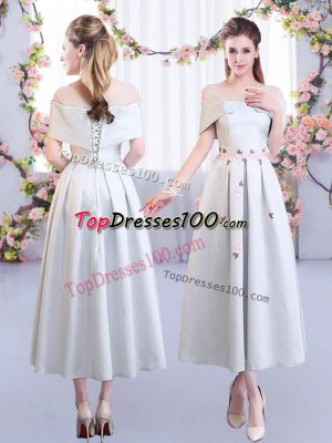 Short Sleeves Lace Up Tea Length Appliques Wedding Guest Dresses
