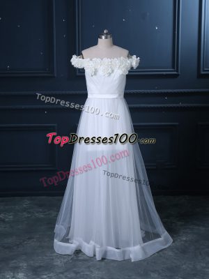White Off The Shoulder Neckline Hand Made Flower Wedding Dress Sleeveless Zipper