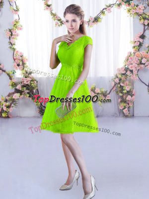 Most Popular Yellow Green A-line V-neck Cap Sleeves Lace Mini Length Lace Up Lace Vestidos de Damas