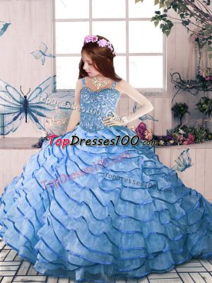 Blue Pageant Dress Wholesale Party and Sweet 16 and Wedding Party with Beading and Ruffled Layers Straps Sleeveless Court Train Lace Up