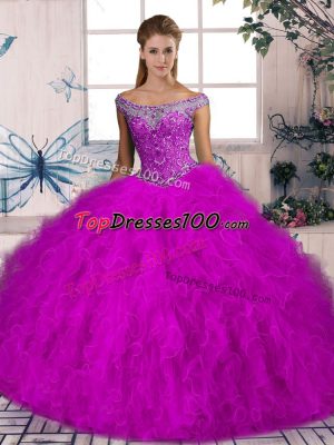 Fuchsia Tulle Lace Up Off The Shoulder Sleeveless Quinceanera Gown Brush Train Beading and Ruffles