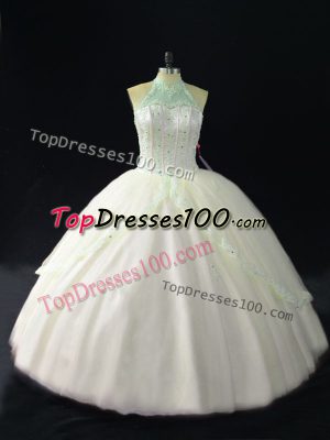 Halter Top Sleeveless Tulle Quinceanera Dress Beading Lace Up