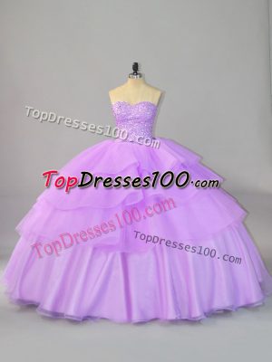 Lavender Ball Gowns Beading and Ruffled Layers 15th Birthday Dress Lace Up Organza Sleeveless