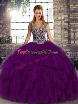 Fancy Floor Length Ball Gowns Sleeveless Purple Quinceanera Dresses Lace Up