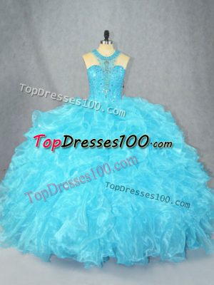 Dazzling Baby Blue Zipper Scoop Beading and Ruffles Sweet 16 Dresses Organza Sleeveless