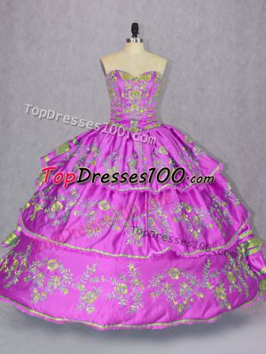 Chic Lilac Satin and Organza Lace Up 15th Birthday Dress Sleeveless Floor Length Embroidery and Ruffled Layers