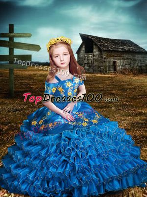 Short Sleeves Lace Up Floor Length Embroidery and Ruffled Layers Little Girls Pageant Gowns