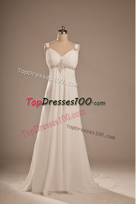 Attractive White Chiffon Lace Up Wedding Gown Sleeveless Brush Train Beading