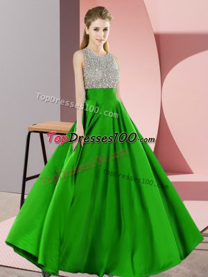 Suitable Floor Length Backless Prom Gown Green for Prom and Party with Beading